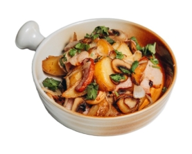 Запечена картопля з беконом та грибами